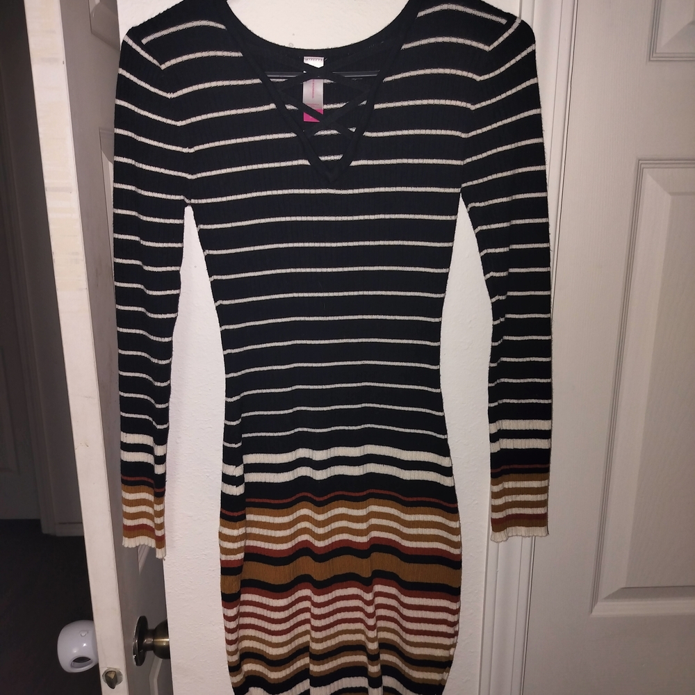 No Boundaries Black and Brown Striped Midi Dress
